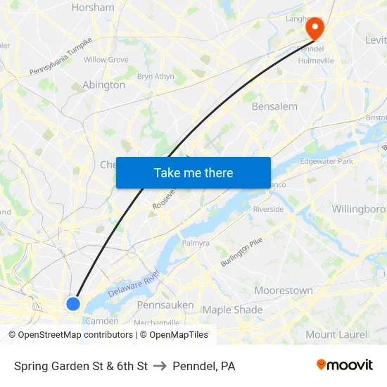 Spring Garden St & 6th St to Penndel, PA map