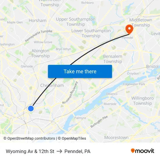 Wyoming Av & 12th St to Penndel, PA map