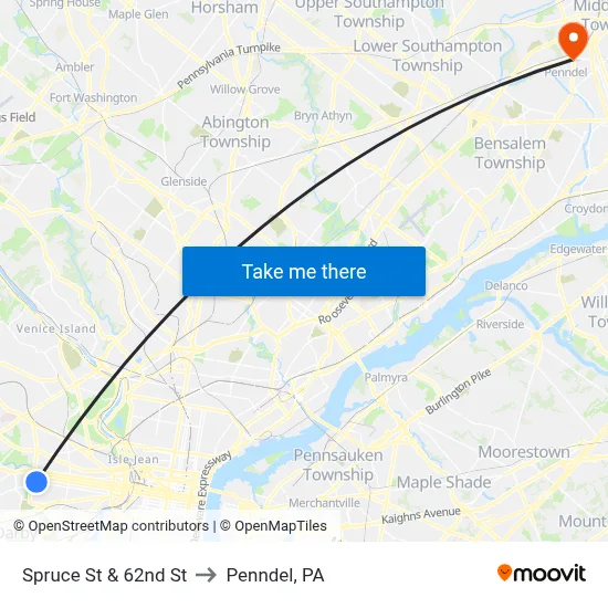 Spruce St & 62nd St to Penndel, PA map