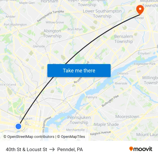 40th St & Locust St to Penndel, PA map