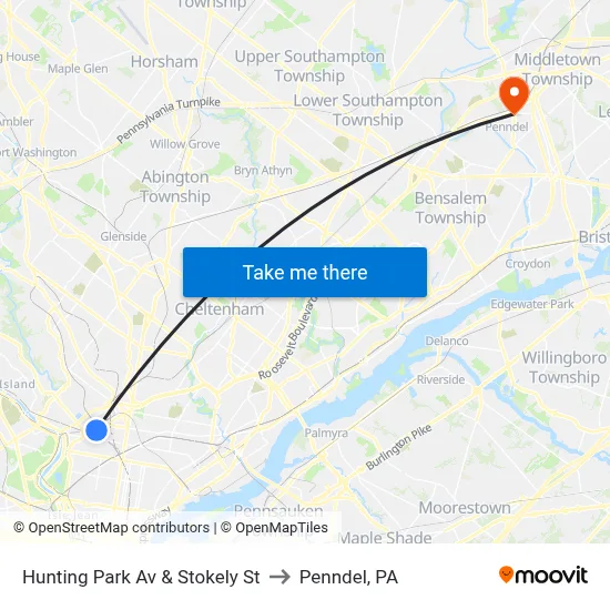 Hunting Park Av & Stokely St to Penndel, PA map