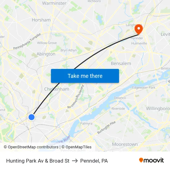 Hunting Park Av & Broad St to Penndel, PA map