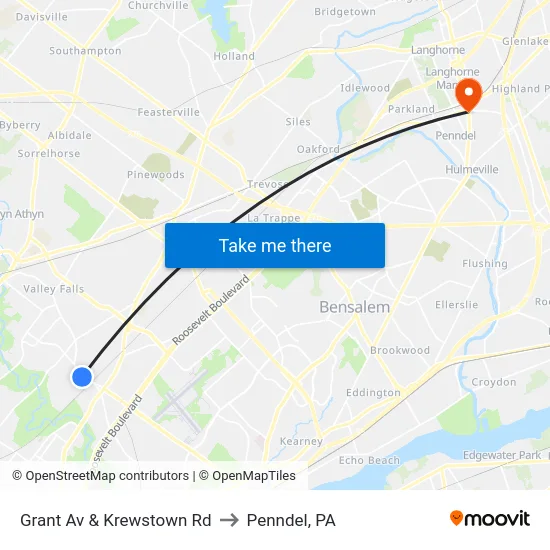Grant Av & Krewstown Rd to Penndel, PA map
