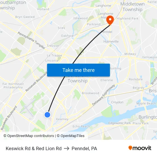 Keswick Rd & Red Lion Rd to Penndel, PA map