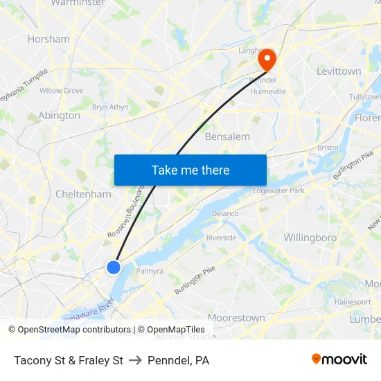 Tacony St & Fraley St to Penndel, PA map