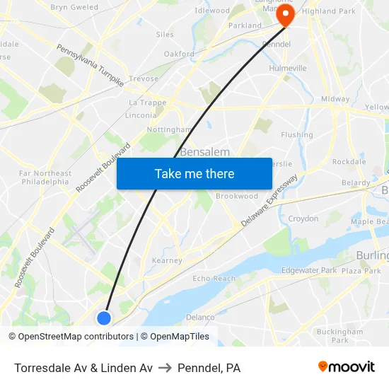 Torresdale Av & Linden Av to Penndel, PA map