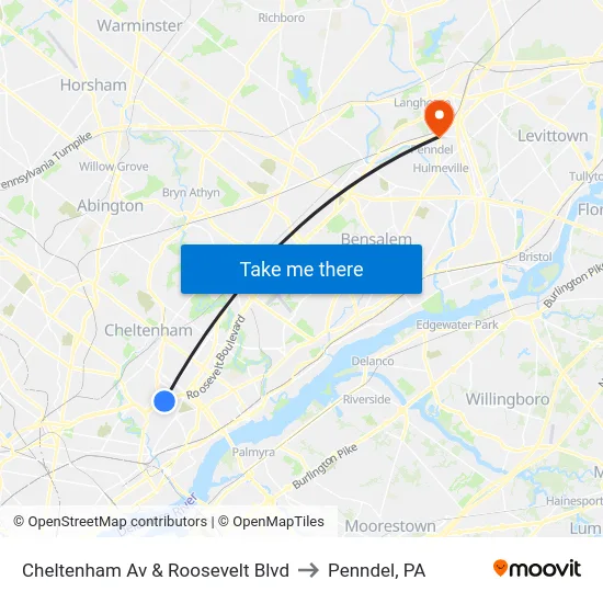 Cheltenham Av & Roosevelt Blvd to Penndel, PA map