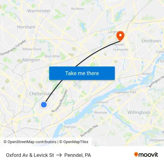 Oxford Av & Levick St to Penndel, PA map