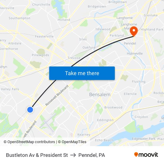 Bustleton Av & President St to Penndel, PA map