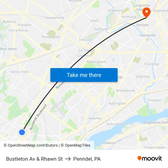 Bustleton Av & Rhawn St to Penndel, PA map
