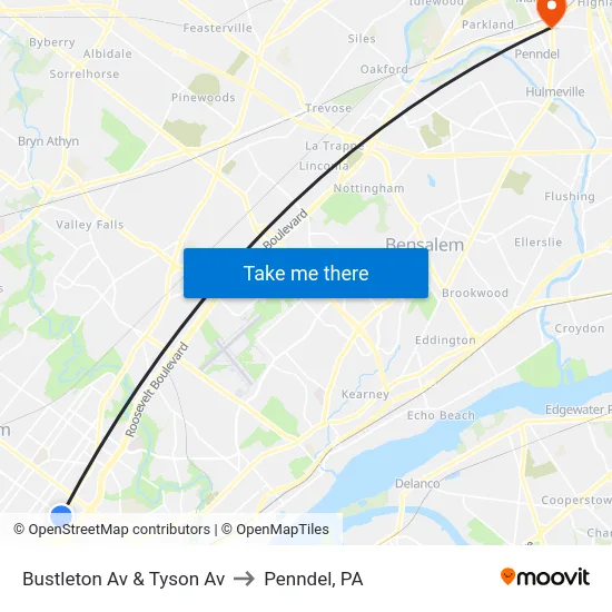 Bustleton Av & Tyson Av to Penndel, PA map