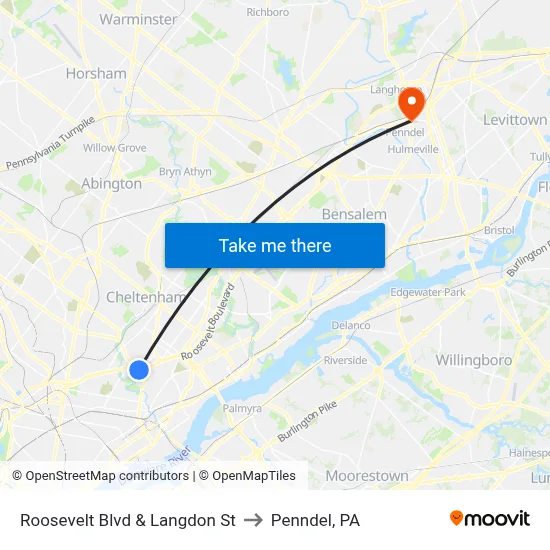 Roosevelt Blvd & Langdon St to Penndel, PA map
