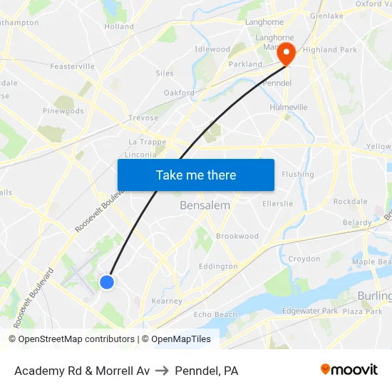 Academy Rd & Morrell Av to Penndel, PA map