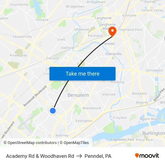 Academy Rd & Woodhaven Rd to Penndel, PA map
