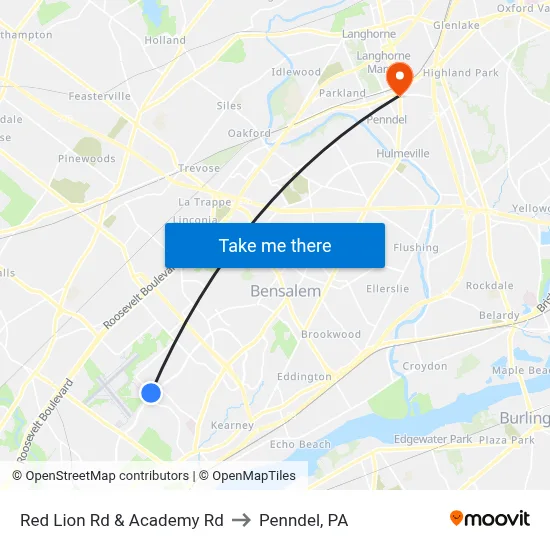 Red Lion Rd & Academy Rd to Penndel, PA map