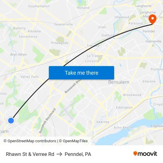 Rhawn St & Verree Rd to Penndel, PA map