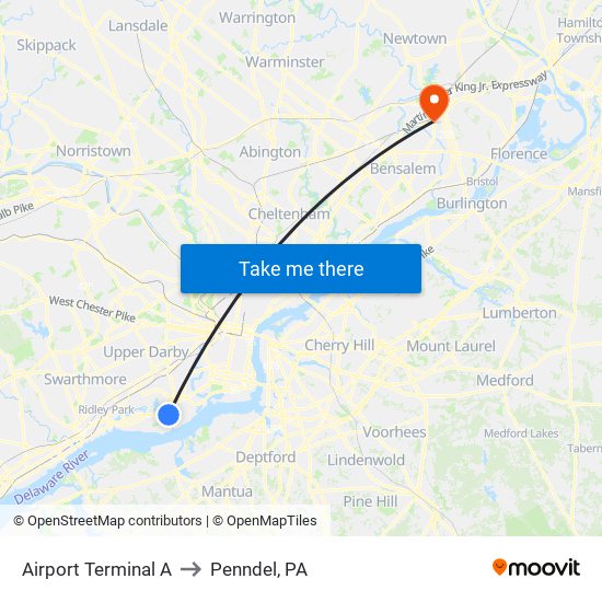 Airport Terminal A to Penndel, PA map