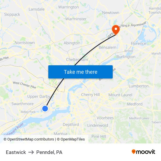 Eastwick to Penndel, PA map