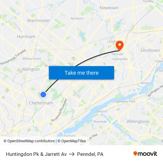 Huntingdon Pk & Jarrett Av to Penndel, PA map