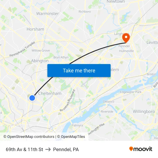 69th Av & 11th St to Penndel, PA map