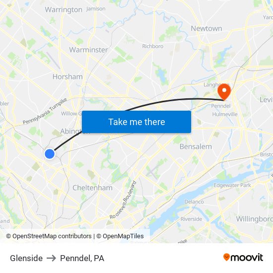 Glenside to Penndel, PA map
