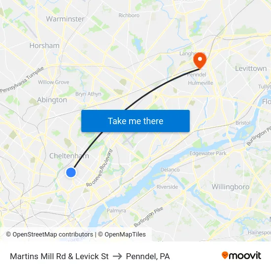 Martins Mill Rd & Levick St to Penndel, PA map