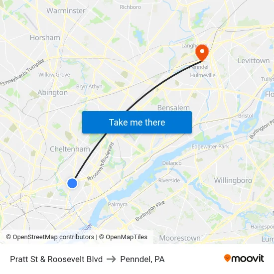 Pratt St & Roosevelt Blvd to Penndel, PA map