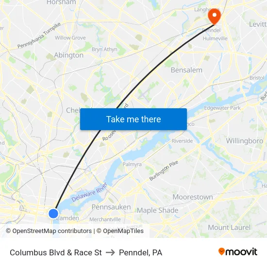 Columbus Blvd & Race St to Penndel, PA map