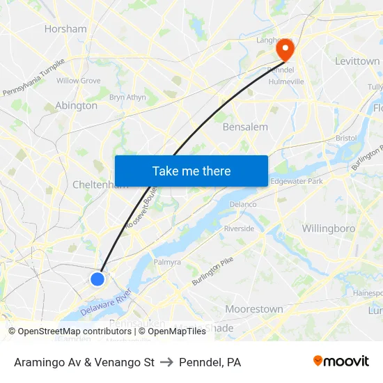 Aramingo Av & Venango St to Penndel, PA map