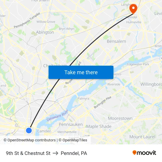 9th St & Chestnut St to Penndel, PA map