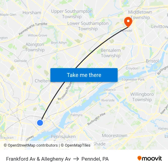 Frankford Av & Allegheny Av to Penndel, PA map