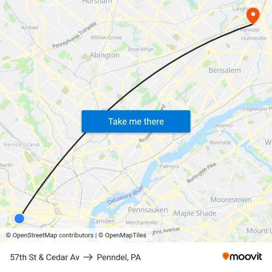 57th St & Cedar Av to Penndel, PA map
