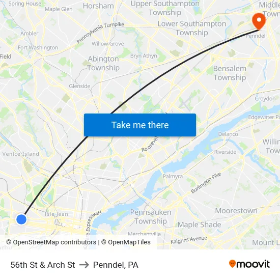 56th St & Arch St to Penndel, PA map