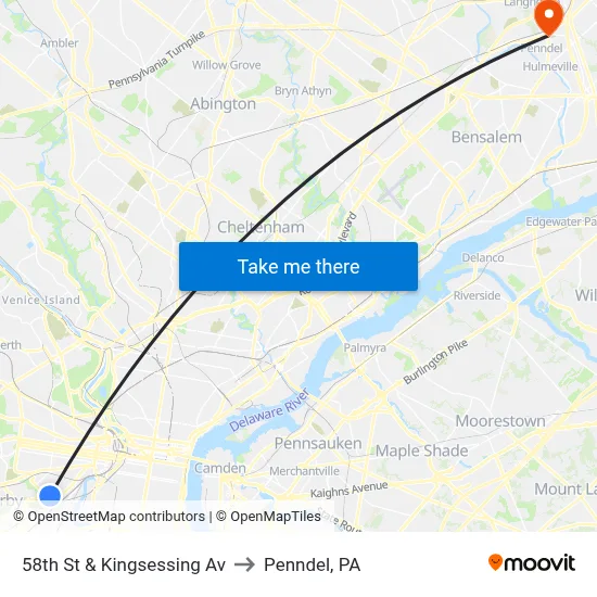 58th St & Kingsessing Av to Penndel, PA map