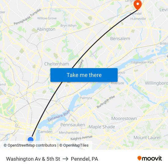 Washington Av & 5th St to Penndel, PA map