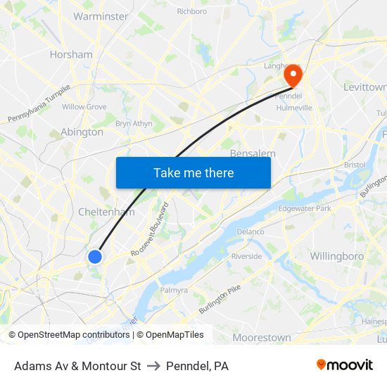 Adams Av & Montour St to Penndel, PA map