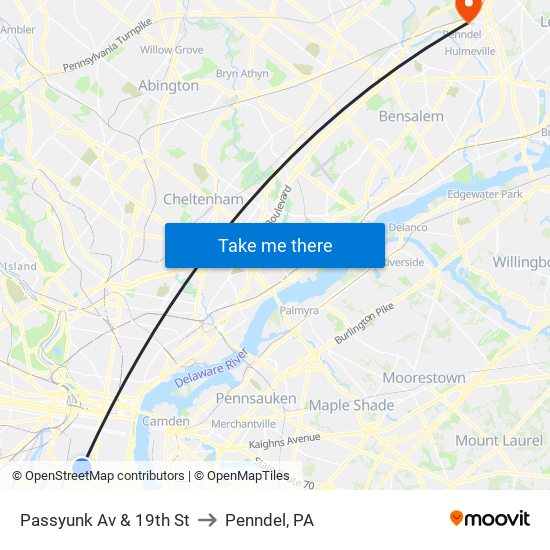 Passyunk Av & 19th St to Penndel, PA map