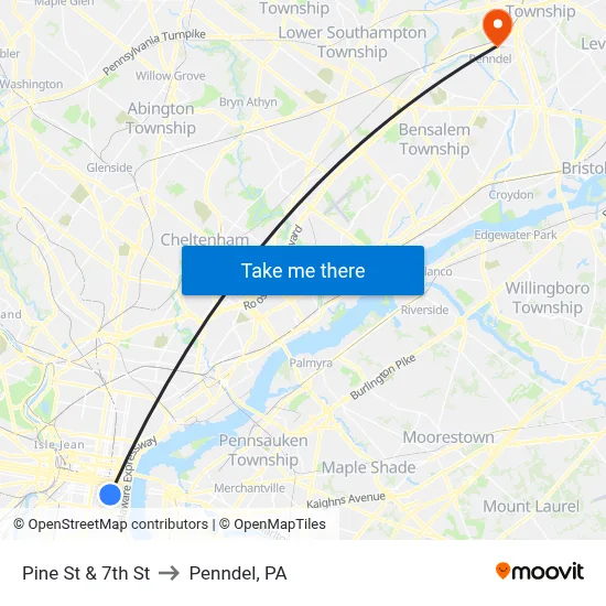 Pine St & 7th St to Penndel, PA map