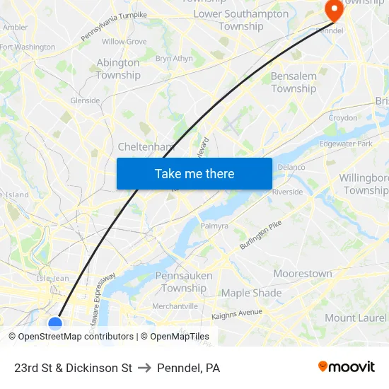 23rd St & Dickinson St to Penndel, PA map