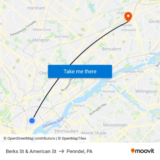 Berks St & American St to Penndel, PA map