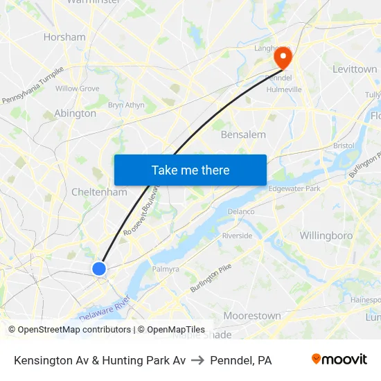 Kensington Av & Hunting Park Av to Penndel, PA map
