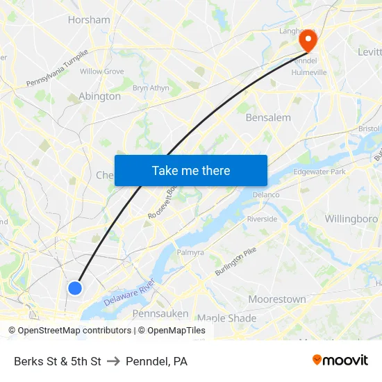Berks St & 5th St to Penndel, PA map