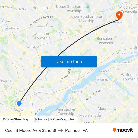 Cecil B Moore Av & 32nd St to Penndel, PA map