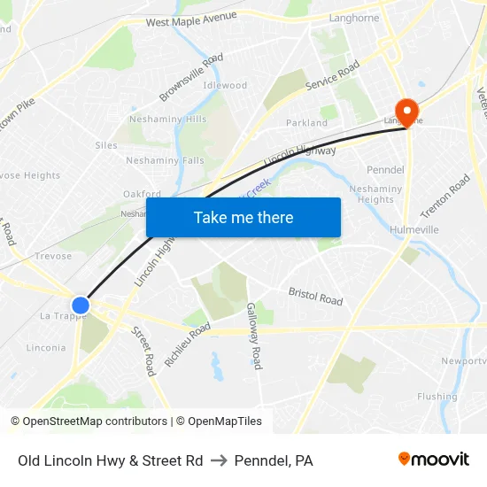 Old Lincoln Hwy & Street Rd to Penndel, PA map