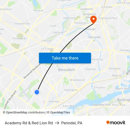 Academy Rd & Red Lion Rd to Penndel, PA map