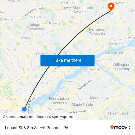 Locust St & 8th St to Penndel, PA map