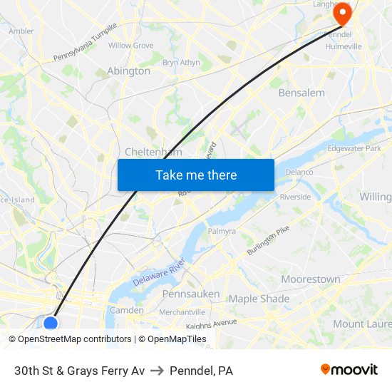30th St & Grays Ferry Av to Penndel, PA map