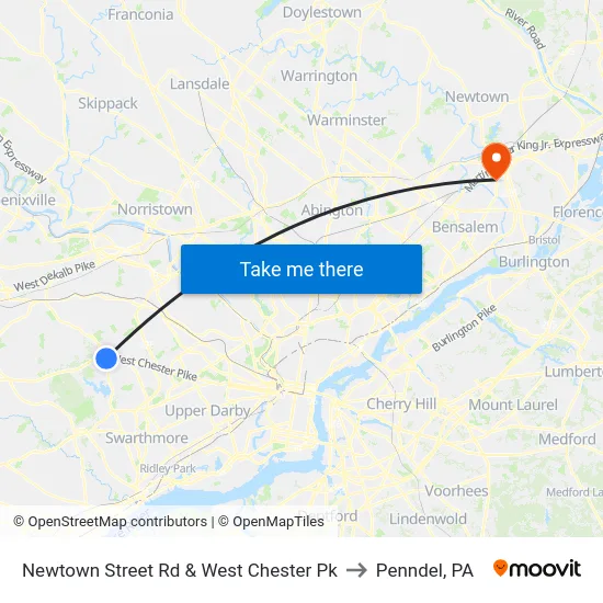 Newtown Street Rd & West Chester Pk to Penndel, PA map
