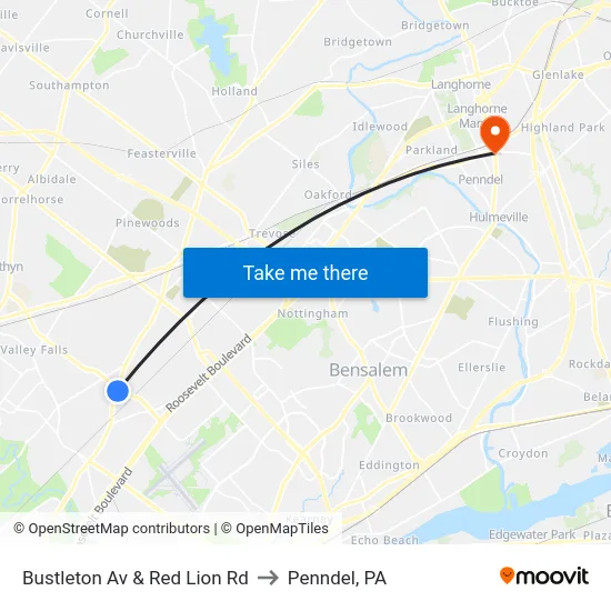 Bustleton Av & Red Lion Rd to Penndel, PA map