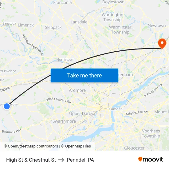 High St & Chestnut St to Penndel, PA map